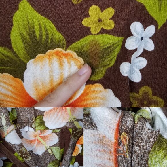 Ui-Maikai Hawaiian VTG 70s Empire  Hibiscus Print Maxi Brown Dress Size Small - Picture 13 of 13